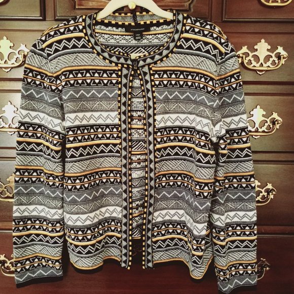 Atmosphere Tops - ATMOSPHERE Multicolor Striped Black White Gold, Gray Open Front Cardigan Size L